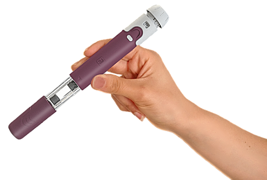 Hold in between thumb and index is a medical device in pen shape with drug reconstitution and variable dose settings feature suitable for chronic illness