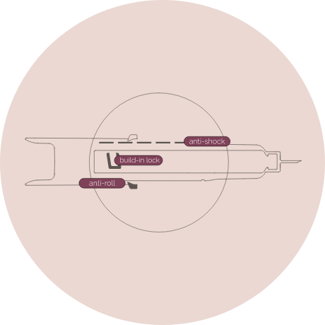 A self-injection system diagram zooms into the cartridge holder highlighting the anti-shock feature, anti-roll design, and a lock-in system. 