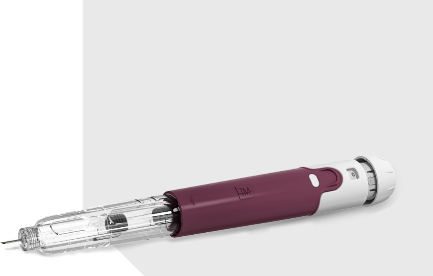 A purple two-chamber injection device for subcutaneous self-injection and home-care therapies with the needle exposed.