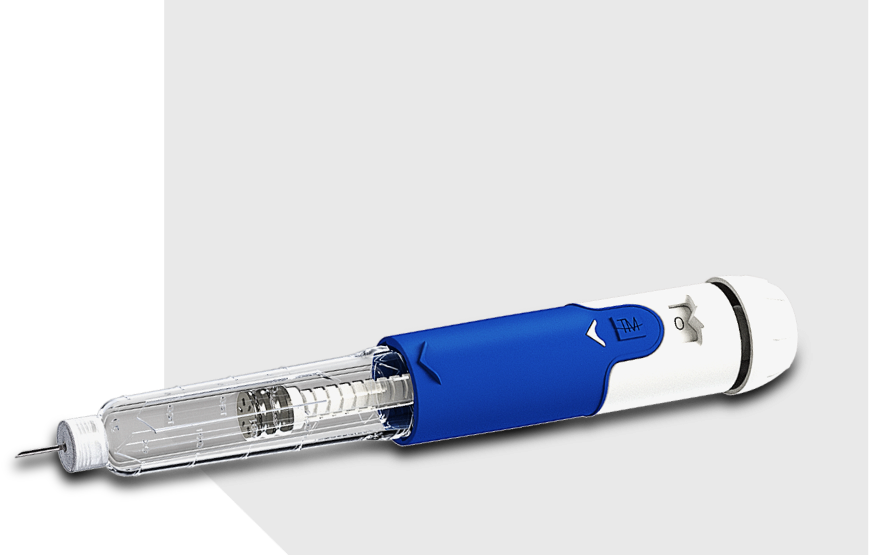 A blue variable pen injector for 3ml cartridge for chronic degenerative diseases and self-administration therapies.