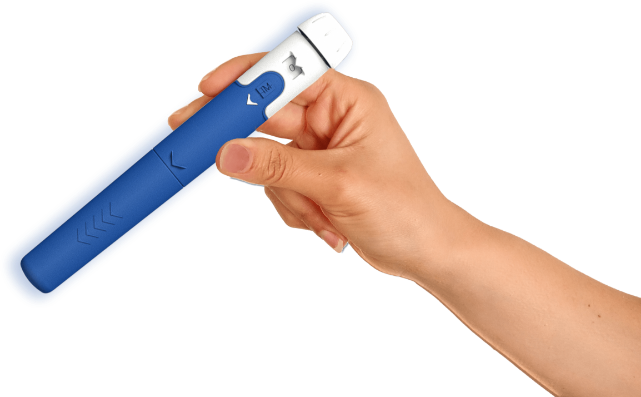 Hold in between thumb and index is a medical device used for drug delivery suitable for home care, chronic illness therapies, and diabetes care.