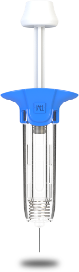 A blue retractable auto-shielding syringe device it's placed needle-down.